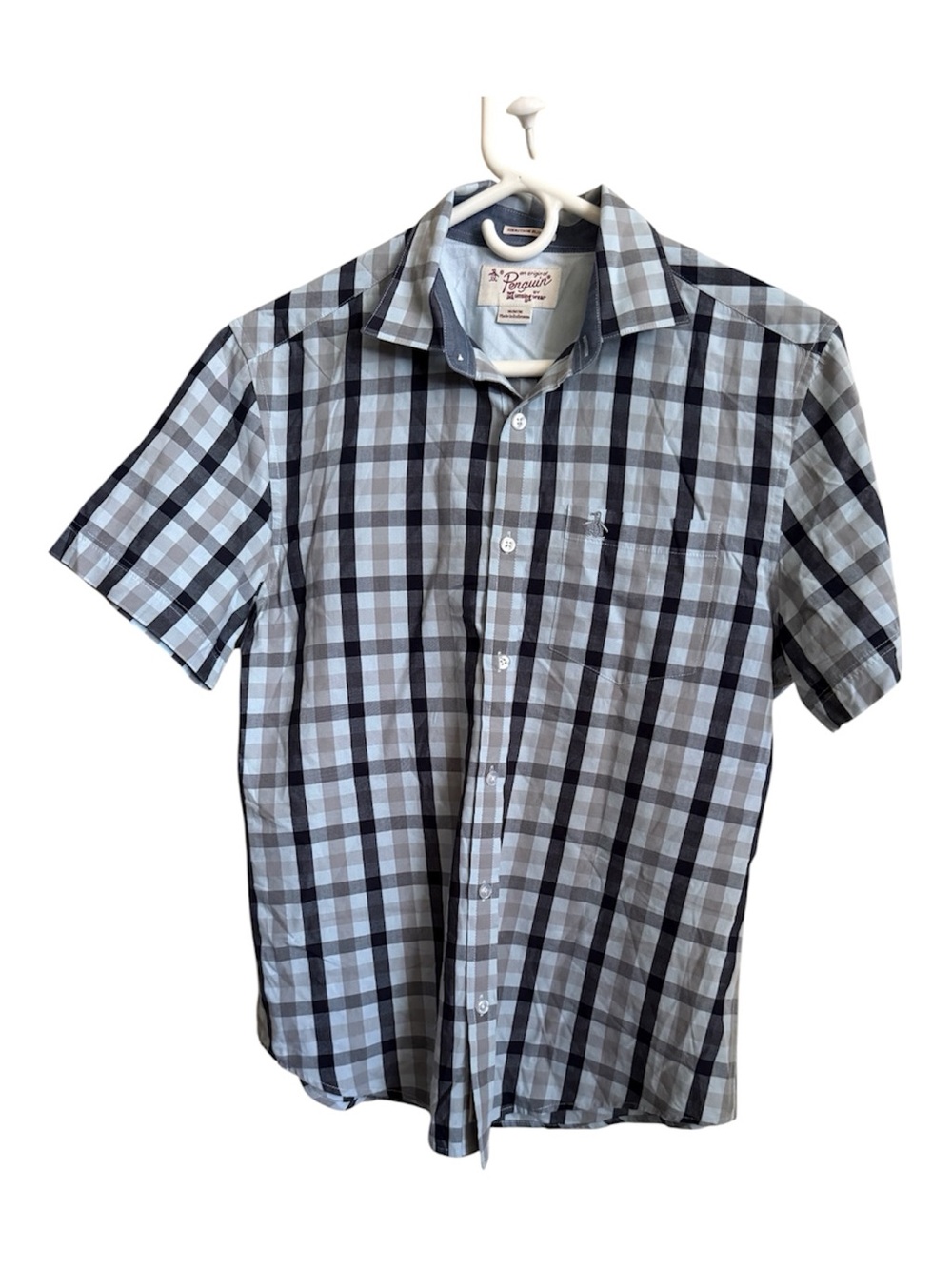 Original Penguin Men's Short Sleeve Plaid Button-Up Shirt - Light Blue/Gray